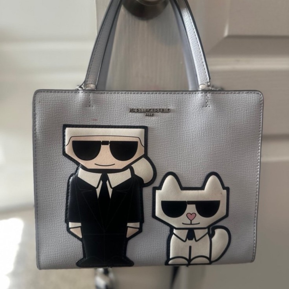 Karl Lagerfeld Gray small tote/crossbody bag with Black and Cream Appliqué